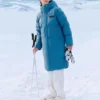 Lång dunjacka med tryckt logotyp ”Teal”